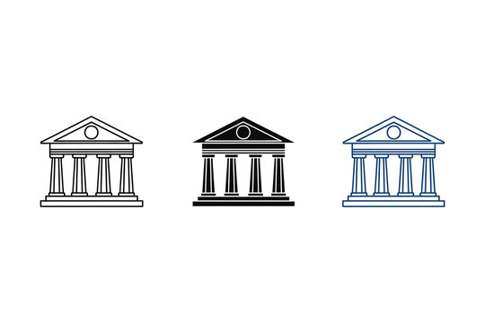 Three distinct classical style buildings with columns and pediments Vector