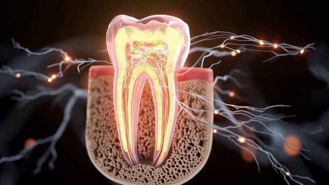 Tooth Anatomy: A detailed, illuminated cross-section of a tooth, revealing its internal structure, including the pulp, dentin, and root, highlighted against a dark background.