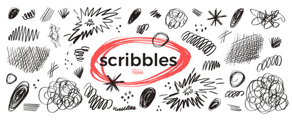 Naive abstract charcoal pencil doodles. Irregular forms scribble set with messy pencil textures, uneven brushstrokes. Hand-drawn lines, grids, spontaneous expressive element. Vector squiggle set.