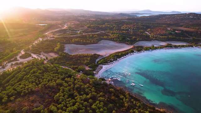 Italy Sardinia sunset 3-in-1 cinematic sequence 4K. Brandinchi sun flare & lagoon. Aerial Lu Impostu beach salt lake. Mediterranean golden hour travel montage