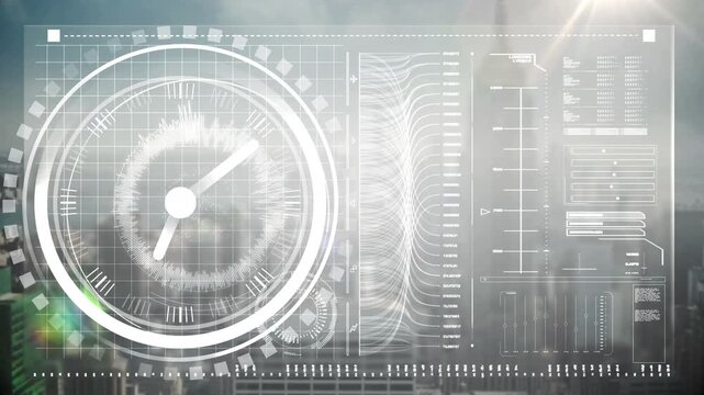 Ticking digital clock over interface with data processing against grey background