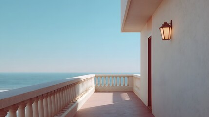 Fototapeta premium Serene balcony overlooking the vast ocean and clear blue sky bathed in soft pastel light