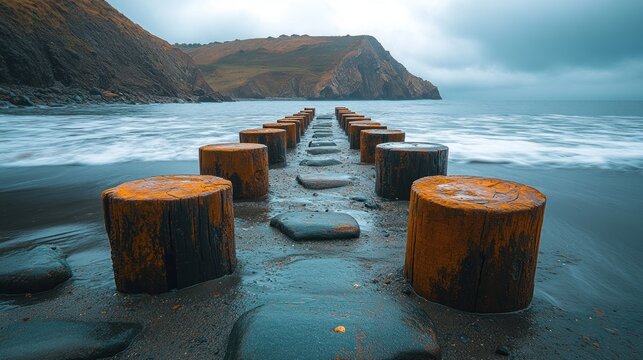 Wooden breakwater pier on a moody beach
