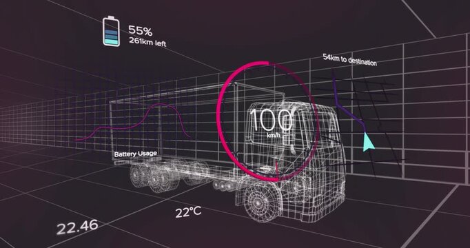 Animation of data processing over digital truck on black background