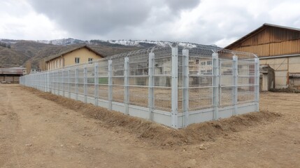 Secure Fence Surrounding an Outdoor Area with Barbed Wire Under a Cloudy Sky in a Rural Setting