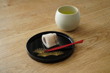 Wagashi and Japanese green tea Traditional Japanese sweets served with tea Tea sweets and green tea