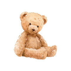 Obraz premium Vintage Watercolor Teddy Bear Illustration, cute hand painted nursery style plush toy isolated on light background, sweet retro children design for baby decor and print