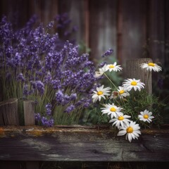 Obraz premium Lavender and Daisy Flowers on Rustic Wooden Fence with Soft Natural Lighting in a Serene Garden Setting
