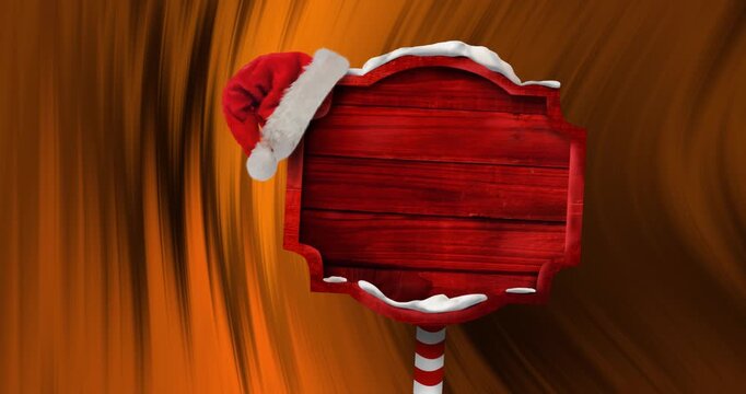 Animation of santa hat over covered red signboard with copy space on textured orange background