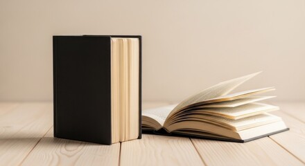 A black book with white pages, standing upright on a wooden table with a beige background.