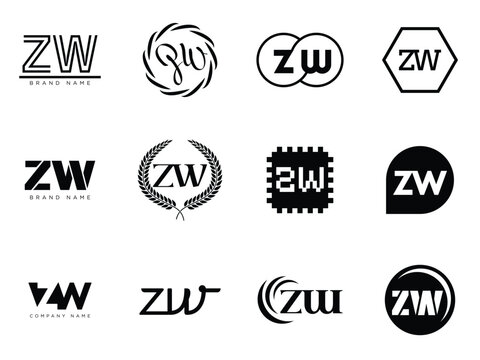 ZW logo company template. Letter z and w logotype. Set different classic serif lettering and modern bold text with design elements. Initial font typography.