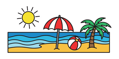 Obraz premium Panoramic summer beach banner with striped umbrella beach ball and palm tree in minimalist flat vector style