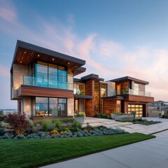 Fototapeta premium Modern architectural design of a luxurious home with clean lines, expansive windows, and beautiful landscaping at sunset