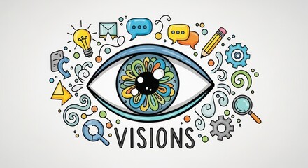 Fototapeta premium Colorful Doodle Eye Vision Concept with Creative Idea Icons on an Isolated White Background