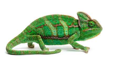 Obraz premium Green Veiled Chameleon Side Profile on White Background, Detailed Reptile Texture, Exotic Wildlife Studio Photography Concept.