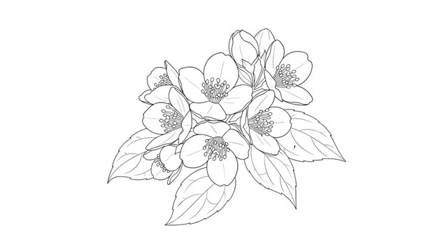 Delicate jasmine flower branch illustration features several blooming buds and leaves drawn with fine black lines on a clean white space.