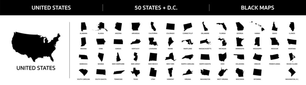 Maps of states of USA. Set of all 50 American States maps of United States + Washington DC in black
