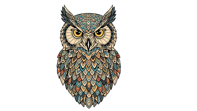Majestic owl illustration features detailed feathers filled with intricate colorful patterns and geometric designs in a folk art style.