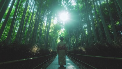 夏 竹林 新緑 着物 女性 後ろ姿 風景