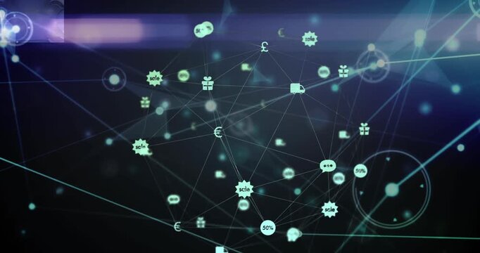 Animation of media icons over network of connections