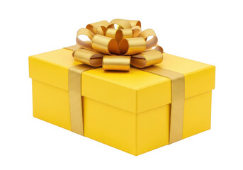 Obraz premium A beautifully wrapped yellow gift box with a decorative golden ribbon isolated on transparent background,png