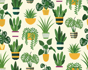 A vibrant seamless pattern featuring various potted houseplants and foliage © Etika
