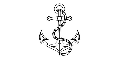 Obraz premium A black and white line drawing of a classic nautical anchor with a rope coiled around it. Vector, illustration