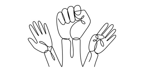 Fototapeta premium Continuous line drawing of three hands featuring a central clenched fist and two open palms. Vector, illustration