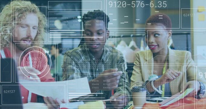 Animation of graphs, changing numbers, loading circles and bars, diverse coworkers sharing ideas