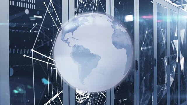 Animation of globe rotating and connected dots moving on data server racks