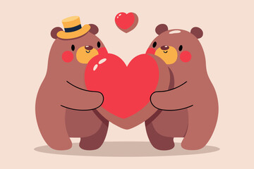 Two adorable brown bears share love with a large red heart