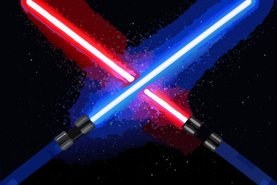 Two lightsabers one red and one blue clash against a starry background