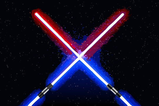 A dramatic clash of red and blue lightsabers against a starry backdrop
