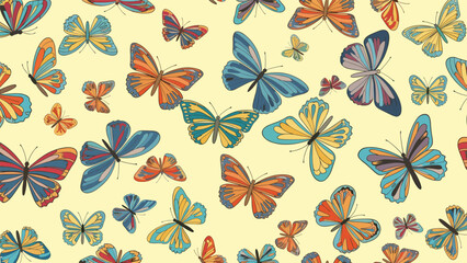 Obraz premium Vintage seamless pattern featuring diverse colorful butterflies with detailed wing patterns on a soft yellow background for textile prints.