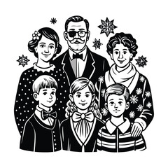 Vector illustration of a happy family of five in winter clothes