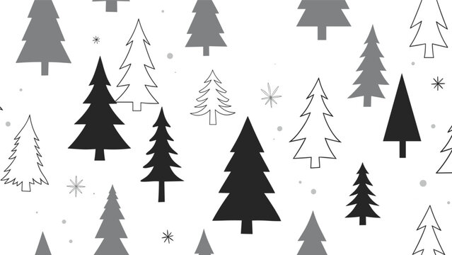 Simple seamless pattern of stylized pine trees in shades of grey and black with snowflakes on a white background for winter holidays.