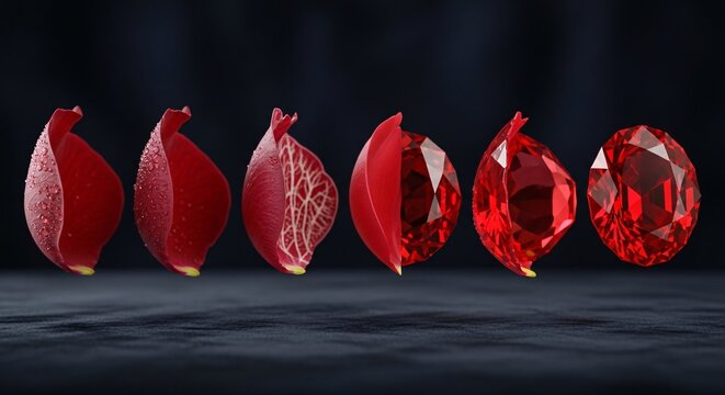 Value creation and refinement concept, stages of polishing a rough red gemstone into a brilliant faceted ruby
