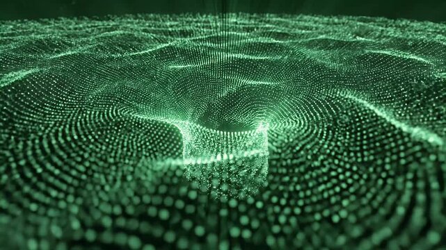 Green Digital Wave Network of Points in Abstract Science Visualization.