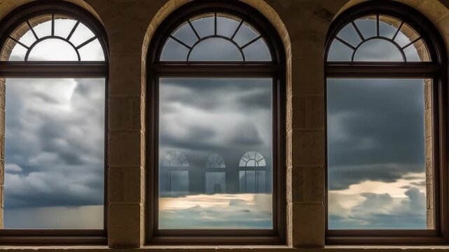 A row of three large, arched windows with dark brown frames overlook a cloudy sky, reflecting light on their glass surfaces