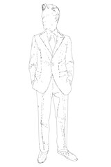 A confident man in a classic tailored suit stands with his hands in his pockets. He wears a crisp white shirt, black tie, and matching pocket square against a clean white background.