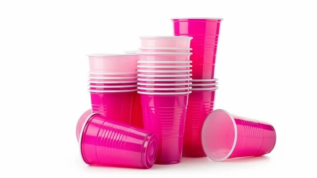 A stack of bright pink disposable cups on a white background with some spilled