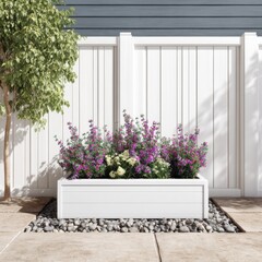 Fototapeta premium Elegant flower planter with vibrant blooms against a white fence and minimalist outdoor setting