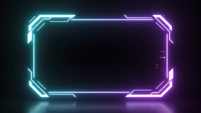 Vibrant neon glowing frame with blue and purple gradient on a dark reflective background, modern digital technology concept.