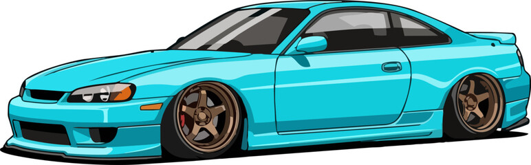 A sleek, turquoise sports car illustration with bronze wheels, viewed from a low angle, against a plain white background. © faisalaladabi