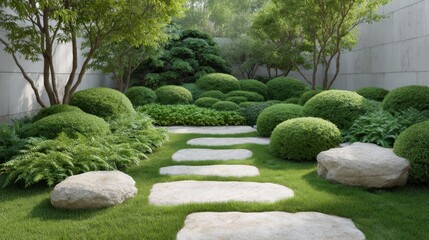 Lush Green Garden Pathway with Round Shrubs, Natural Stones, and Serene Ambiance for Tranquil Outdoor Spaces