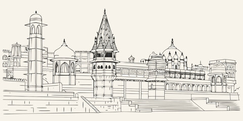 Detailed sketch of an indian temple complex with intricate architecture © Bijoy