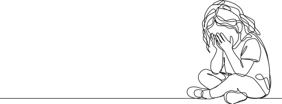 continuous line drawing of young girl hiding face while crying, line art vector illustration