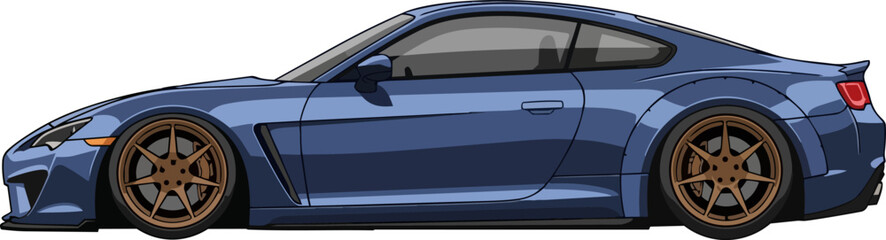 A blue sports car is parked on a plain white background from a side view. © faisalaladabi