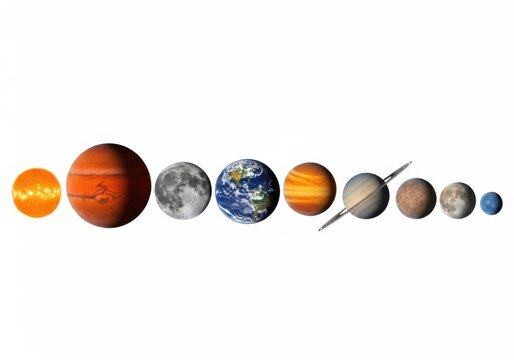 Planets of the solar system aligned in a row isolated on white background