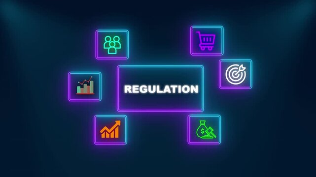 Business trade infographic regulation text surrounded by neon icons for teamwork global commerce strategy analytics growth finance and success